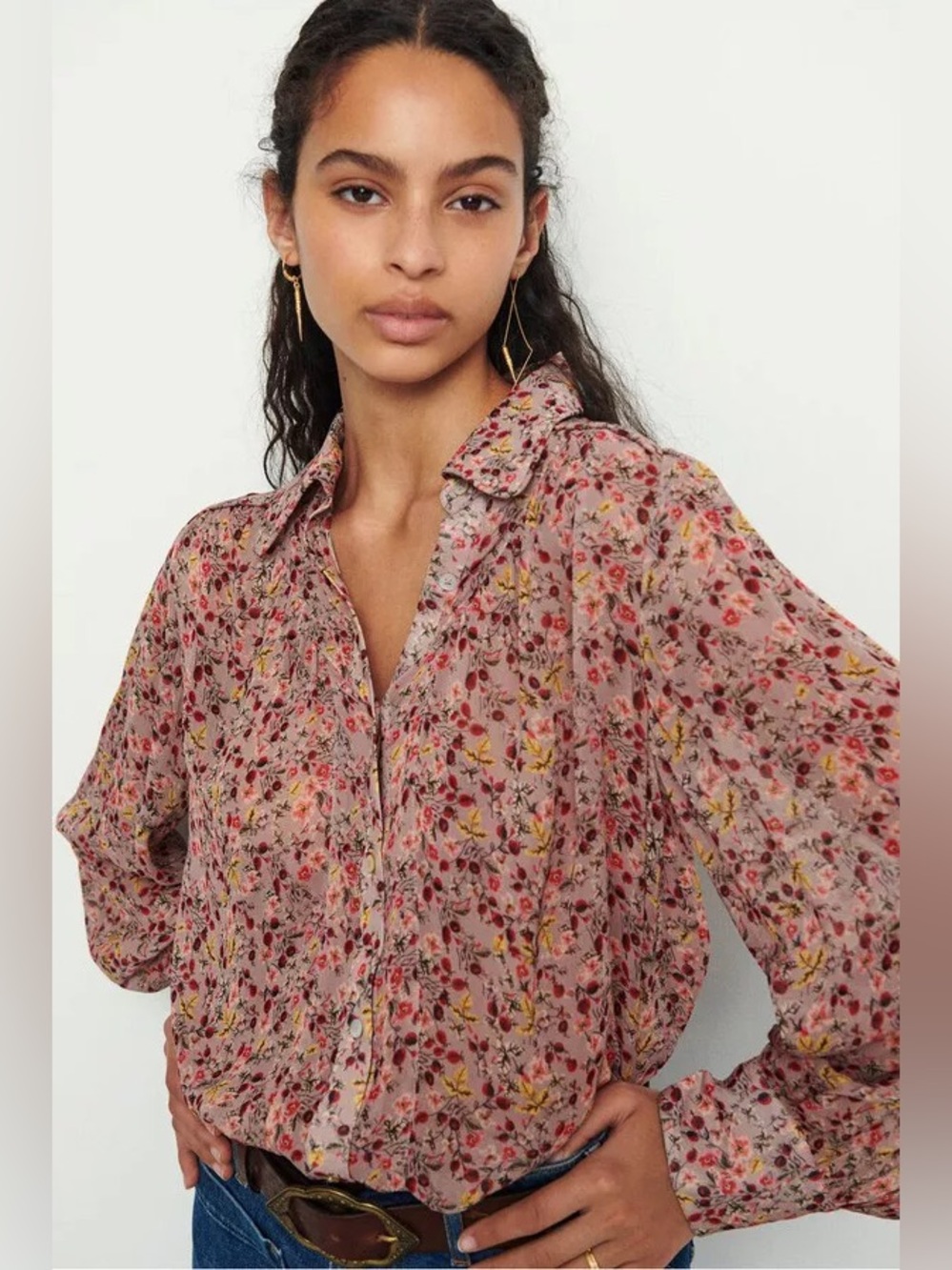 ba&sh Maxence Floral Print Shirt in Beige/Red Size M